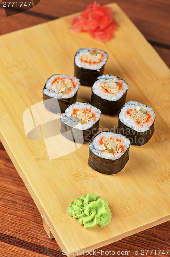 Image of sushi rolls with tobico and pancake