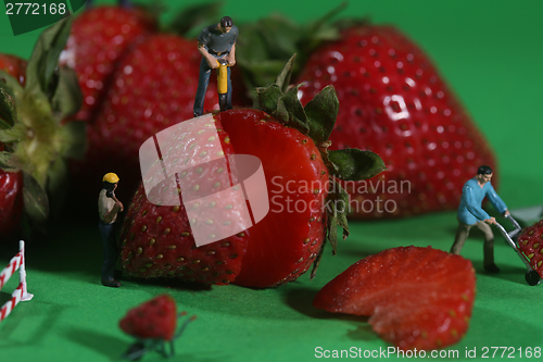 Image of Construction Workers in Conceptual Food Imagery With Strawberrie