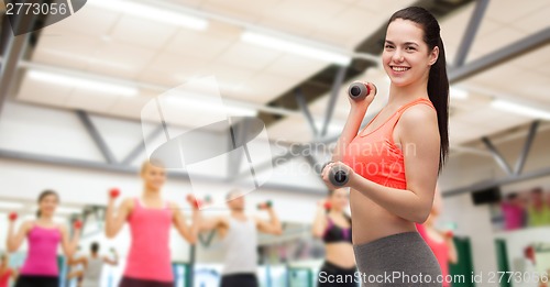 Image of young sporty woman with light dumbbells