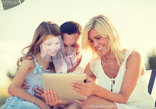 Image of happy family with tablet pc taking picture