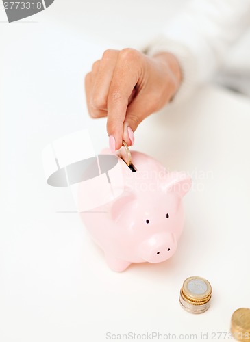 Image of female hand putting euro coins into piggy bank