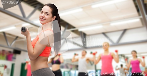 Image of young sporty woman with light dumbbells