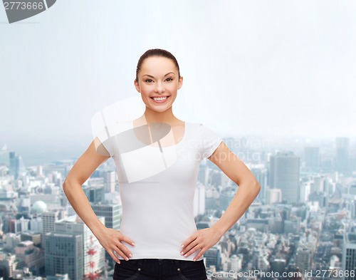 Image of smiling woman in blank white t-shirt