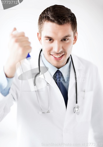Image of evil doctor holding syringe with injection