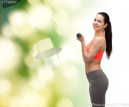 Image of young sporty woman with light dumbbells