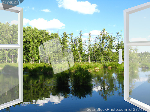 Image of opened window to the summer field