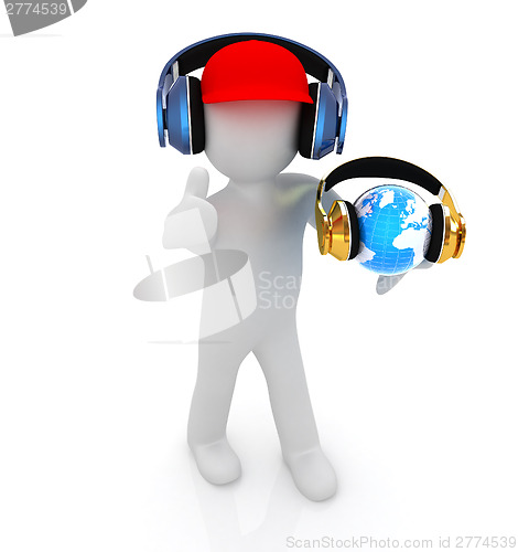 Image of 3d white man in a red peaked cap with thumb up, tablet pc and he