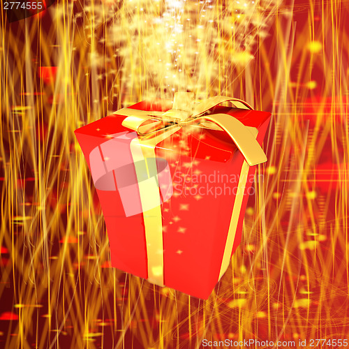 Image of red gift box with golden ribbon on fantastic background