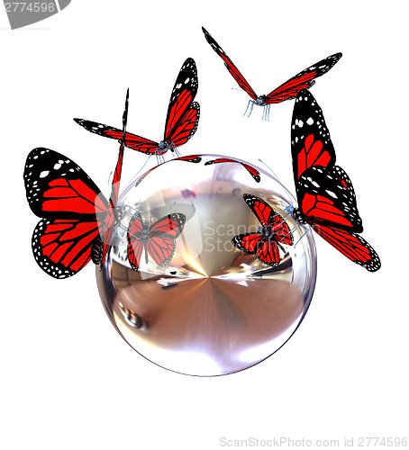 Image of Red butterfly on a chrome reflective sphere