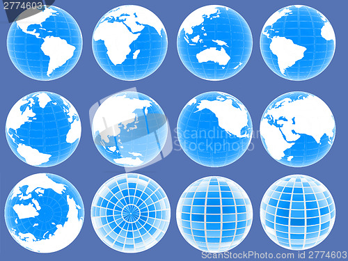 Image of Set of 3d globe icons showing earth with all continents