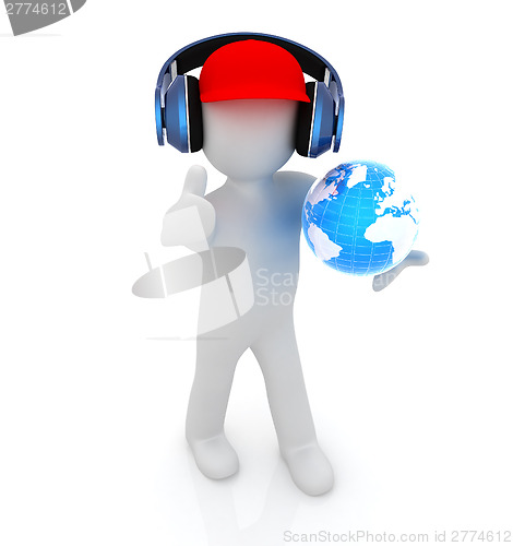 Image of 3d white man in a red peaked cap with thumb up, tablet pc and he