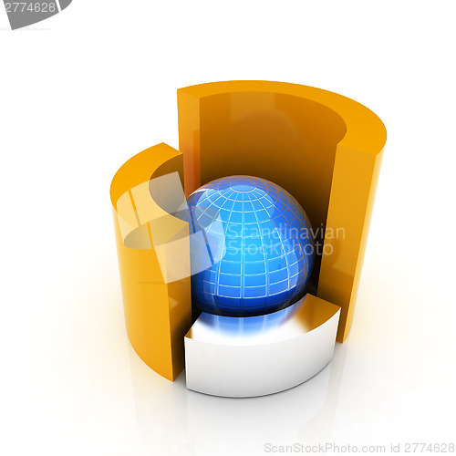 Image of 3D circular diagram and sphere on white background 