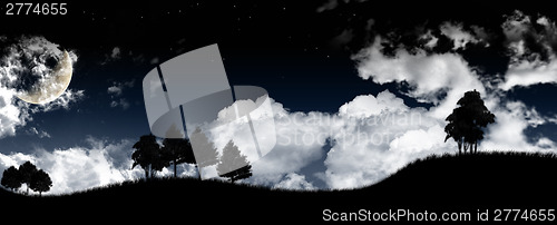 Image of Night sunrise landscape with the moon, trees silhouette, stars