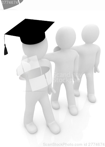 Image of 3d man in a graduation Cap with thumb up and 3d mans stand arms 