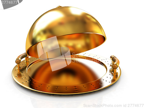 Image of Glossy golden salver dish under a golden cover 