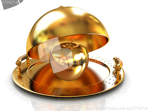 Image of Golden Apple on glossy golden salver dish under a golden cover 
