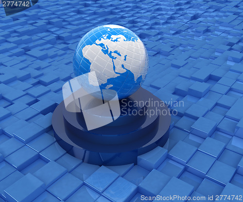Image of earth on a podium against abstract urban background