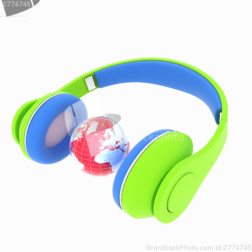 Image of 3d icon of colorful headphones and earth