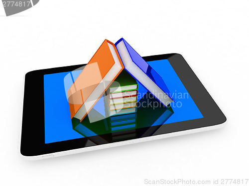 Image of tablet pc and colorful real books
