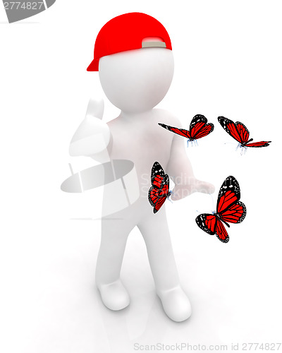 Image of 3d man in a red peaked cap with thumb up and butterflies