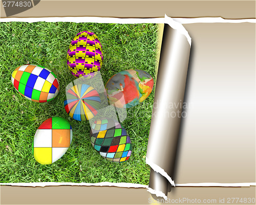 Image of background of flower of easter eggs on the grass, with torn pape