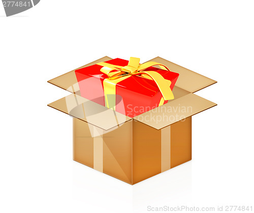 Image of Red gift with gold ribbon in cardboard box