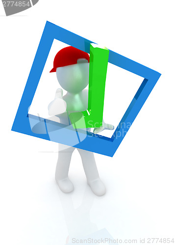 Image of 3d man in a red peaked cap with thumb up and a huge tick