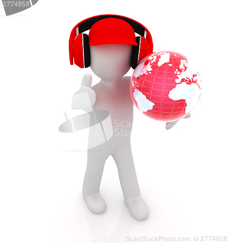 Image of 3d white man in a red peaked cap with thumb up, tablet pc and he