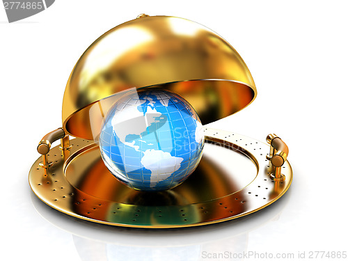 Image of Earth globe on glossy golden salver dish under a golden cover