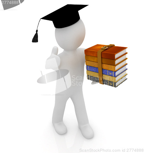 Image of 3d white man in a red peaked cap with thumb up and useful books 