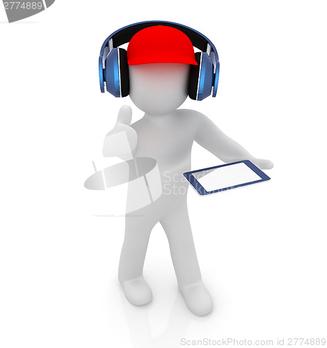 Image of 3d white man in a red peaked cap with thumb up, tablet pc and he