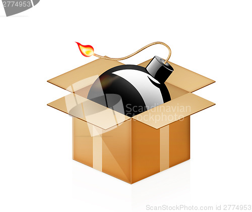 Image of black bomb burning in cardboard box