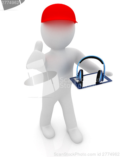 Image of 3d white man in a red peaked cap with thumb up, tablet pc and he