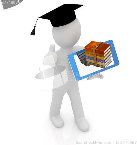 Image of 3d white man in a grad hat with thumb up,books and tablet pc - b