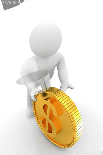 Image of 3d small man with gold dollar coin 