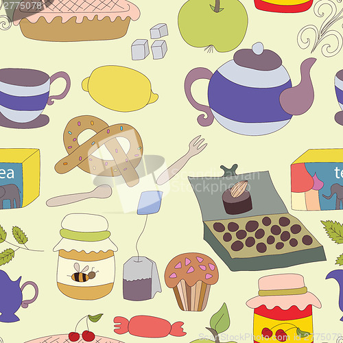 Image of Tea Party with cup of tea and desserts, fruits