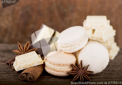 Image of Chocolate macaroons with pieces of white and black chocolate