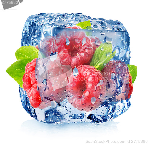 Image of Raspberry in ice with drops