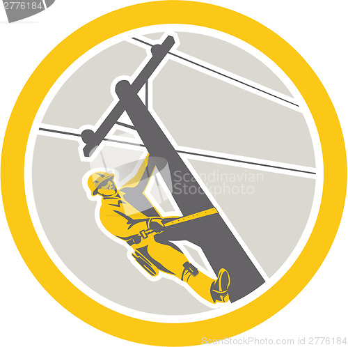 Image of Power Lineman Repairman Climbing Pole Circle