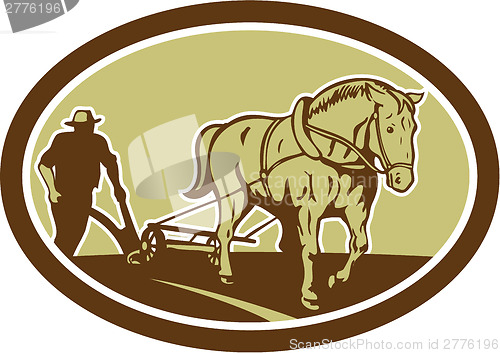 Image of Horse and Farmer Plowing Farm Oval Retro