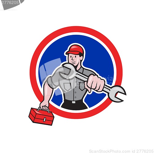 Image of Mechanic Holding Spanner Toolbox Circle