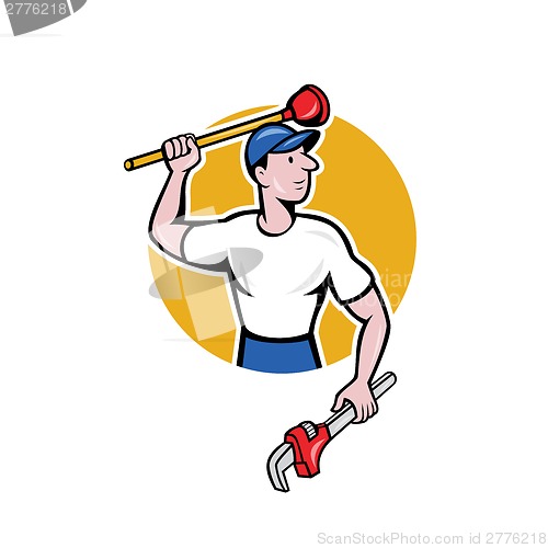 Image of Plumber Wielding Wrench Plunger Cartoon