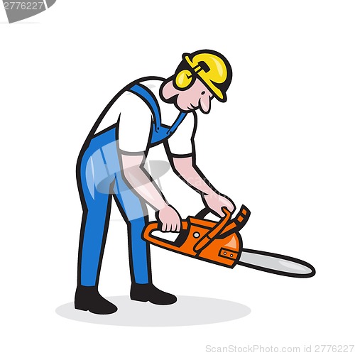 Image of Lumberjack Arborist Operating Chainsaw Cartoon