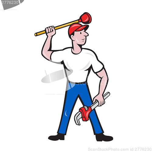 Image of Plumber Wield Wrench Plunger Isolated Cartoon