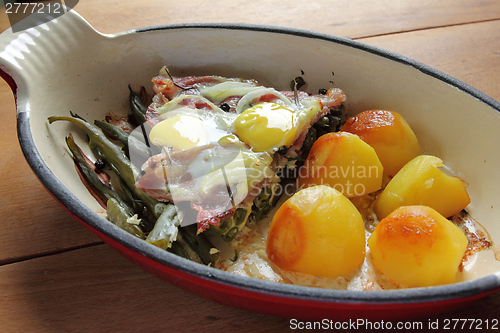Image of Eggs and bacon on beans.