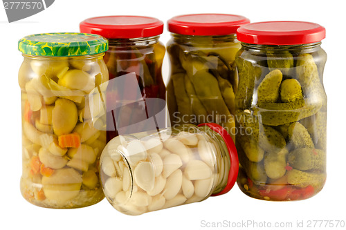 Image of set jars of pickled vegetables for winter resource 