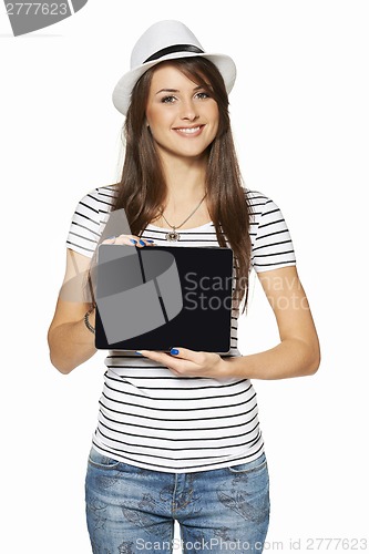 Image of Woman showing tablet computer screen