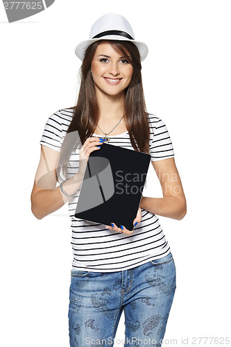 Image of Woman showing tablet computer screen