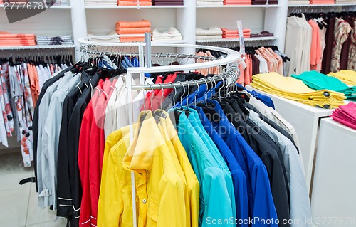 Image of Clothing on hangers in shop