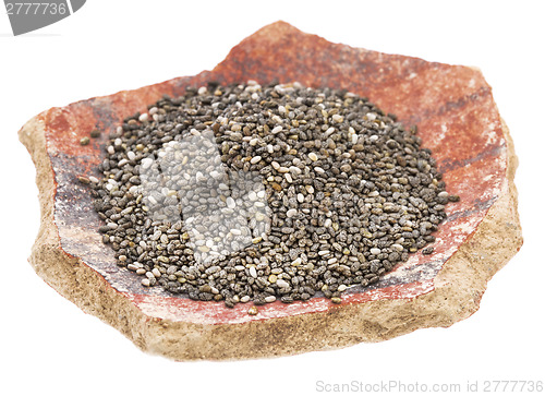 Image of chia seeds on a pottery shard